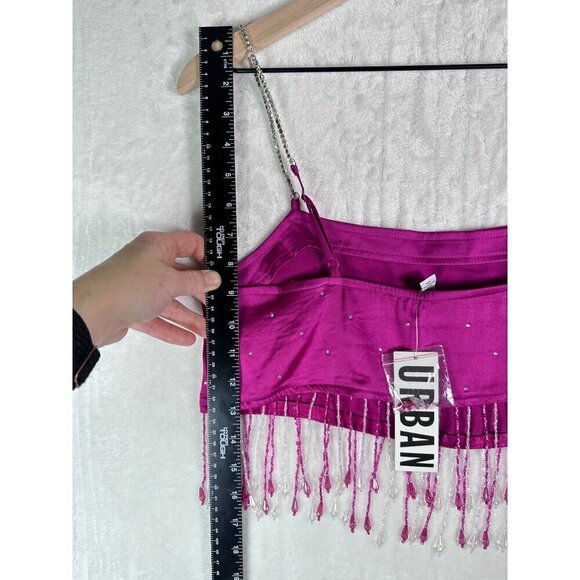 Urban Outfitters Milina Fuchsia Satin Fringe Beaded Crop Top Rhinestone Straps - Picture 12 of 14